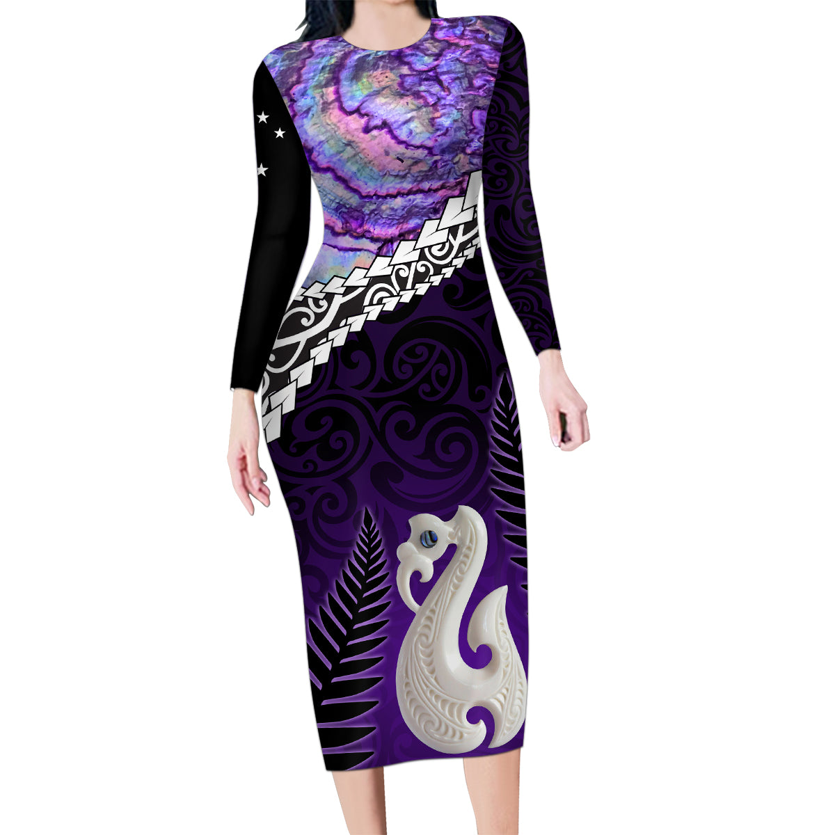 Personalised New Zealand Maori Family Matching Long Sleeve Bodycon Dress and Hawaiian Shirt Manaia Paua Shell Purple LT7 Mom's Dress Purple - Polynesian Pride