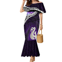 Personalised New Zealand Maori Family Matching Mermaid Dress and Hawaiian Shirt Manaia Paua Shell Purple LT7 Mom's Dress Purple - Polynesian Pride