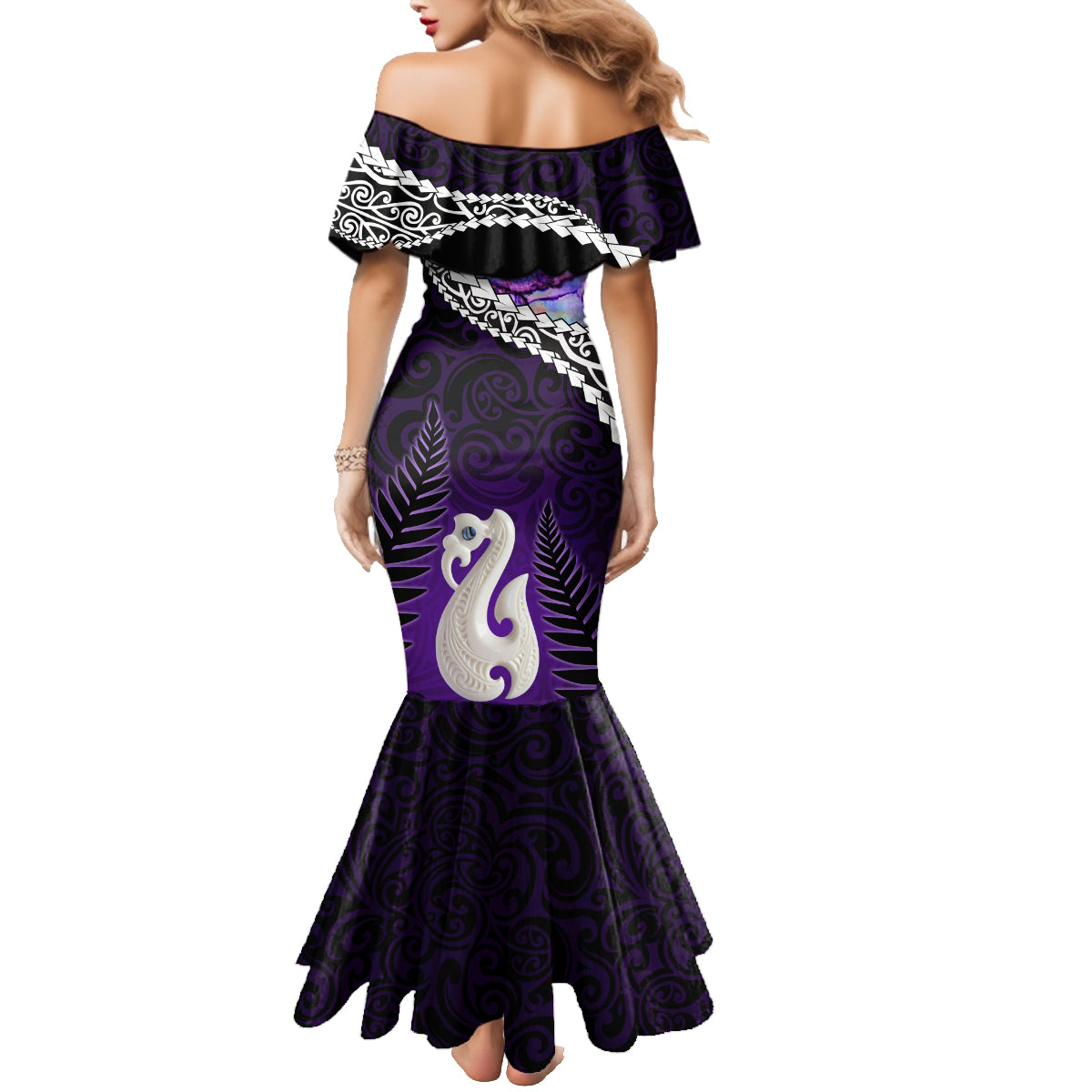 Personalised New Zealand Maori Family Matching Mermaid Dress and Hawaiian Shirt Manaia Paua Shell Purple LT7 - Polynesian Pride