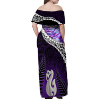 Personalised New Zealand Maori Family Matching Off Shoulder Maxi Dress and Hawaiian Shirt Manaia Paua Shell Purple LT7 - Polynesian Pride
