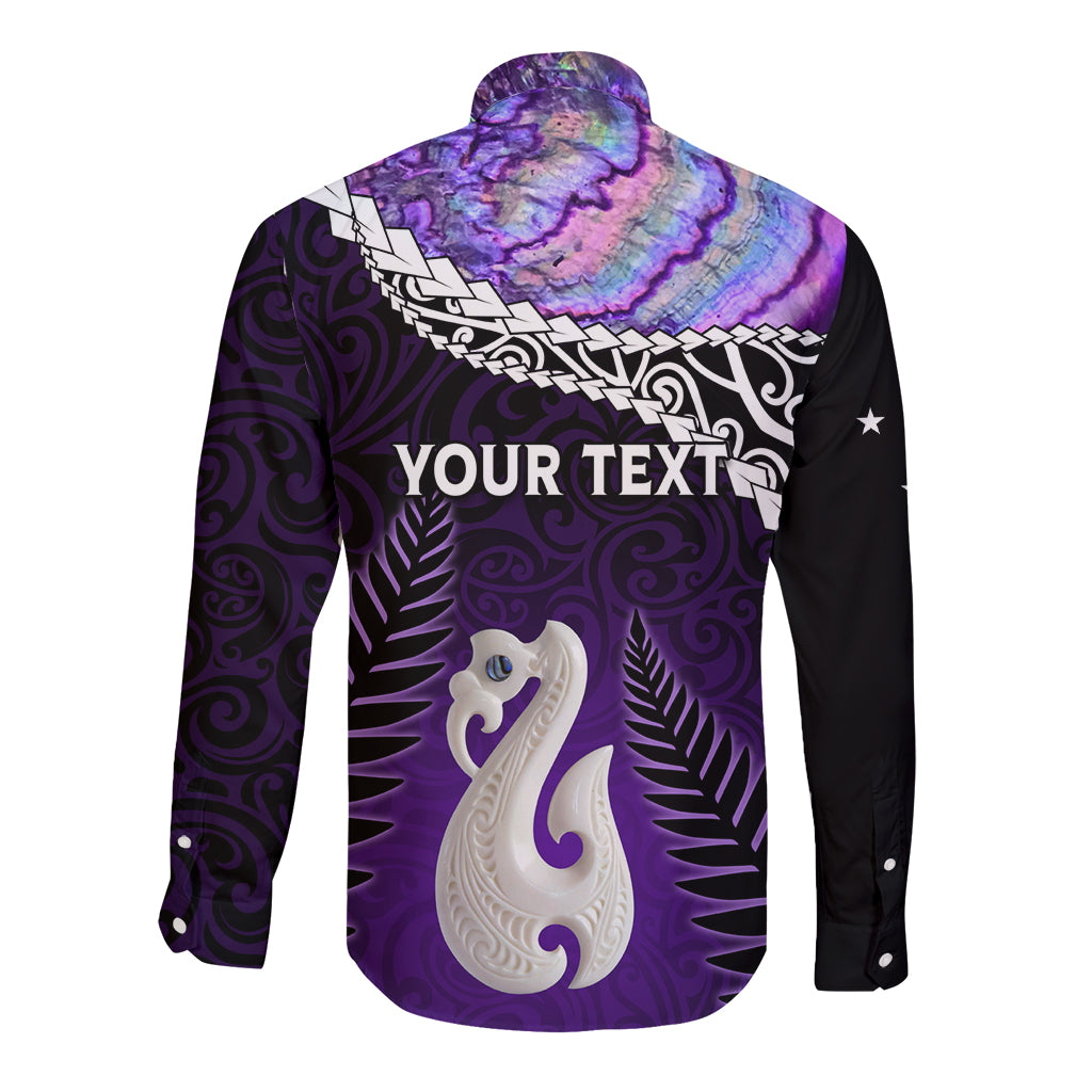 Personalised New Zealand Maori Long Sleeve Button Shirt Manaia Paua Shell Purple LT7 - Polynesian Pride