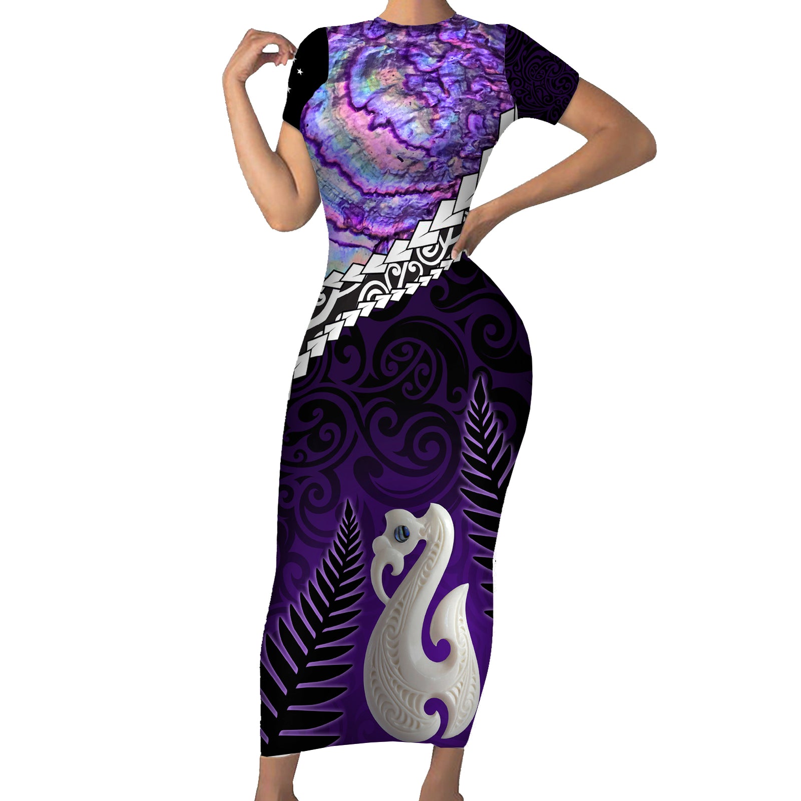 Personalised New Zealand Maori Short Sleeve Bodycon Dress Manaia Paua Shell Purple LT7 Long Dress Purple - Polynesian Pride