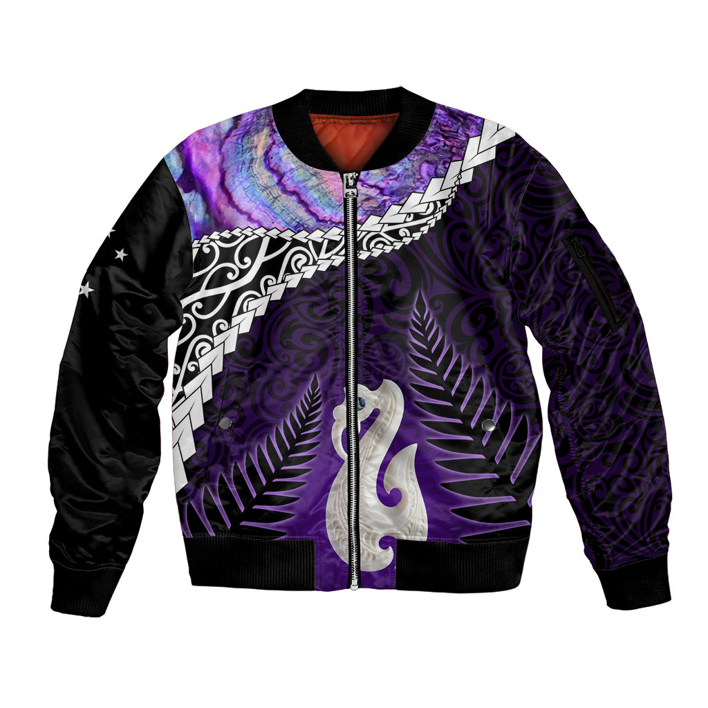Personalised New Zealand Maori Sleeve Zip Bomber Jacket Manaia Paua Shell Purple LT7 Unisex Purple - Polynesian Pride