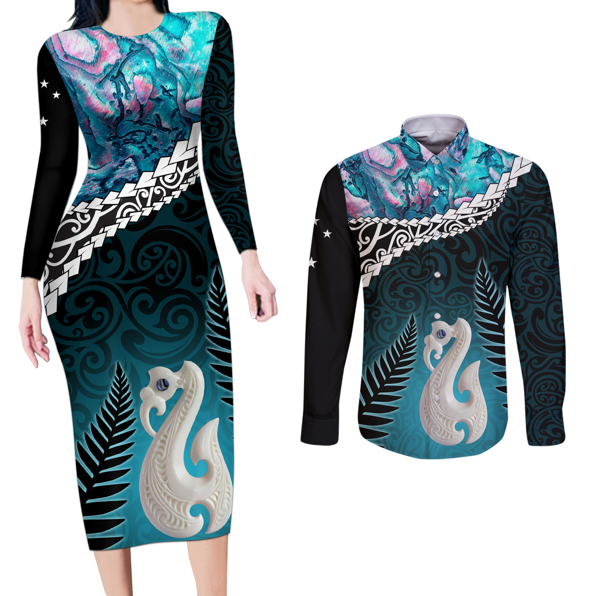 Personalised New Zealand Maori Couples Matching Long Sleeve Bodycon Dress and Long Sleeve Button Shirt Manaia Paua Shell Turquoise LT7 Turquoise - Polynesian Pride