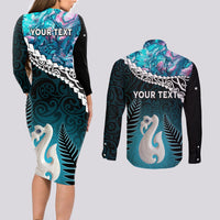 Personalised New Zealand Maori Couples Matching Long Sleeve Bodycon Dress and Long Sleeve Button Shirt Manaia Paua Shell Turquoise LT7 - Polynesian Pride