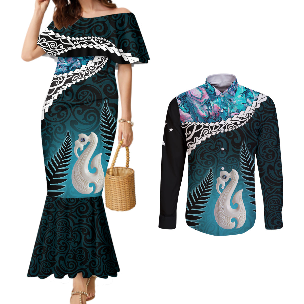 Personalised New Zealand Maori Couples Matching Mermaid Dress and Long Sleeve Button Shirt Manaia Paua Shell Turquoise LT7 Turquoise - Polynesian Pride