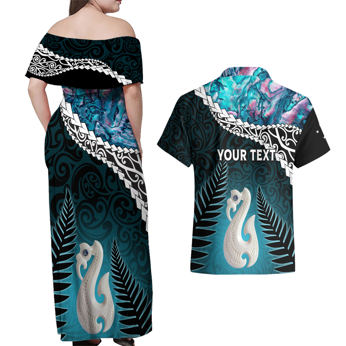 Personalised New Zealand Maori Couples Matching Off Shoulder Maxi Dress and Hawaiian Shirt Manaia Paua Shell Turquoise LT7 - Polynesian Pride