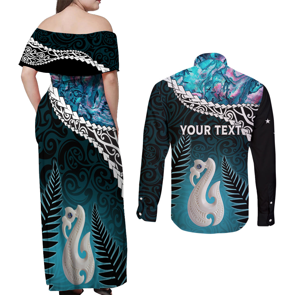 Personalised New Zealand Maori Couples Matching Off Shoulder Maxi Dress and Long Sleeve Button Shirt Manaia Paua Shell Turquoise LT7 - Polynesian Pride