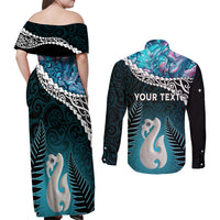 Personalised New Zealand Maori Couples Matching Off Shoulder Maxi Dress and Long Sleeve Button Shirt Manaia Paua Shell Turquoise LT7 - Polynesian Pride