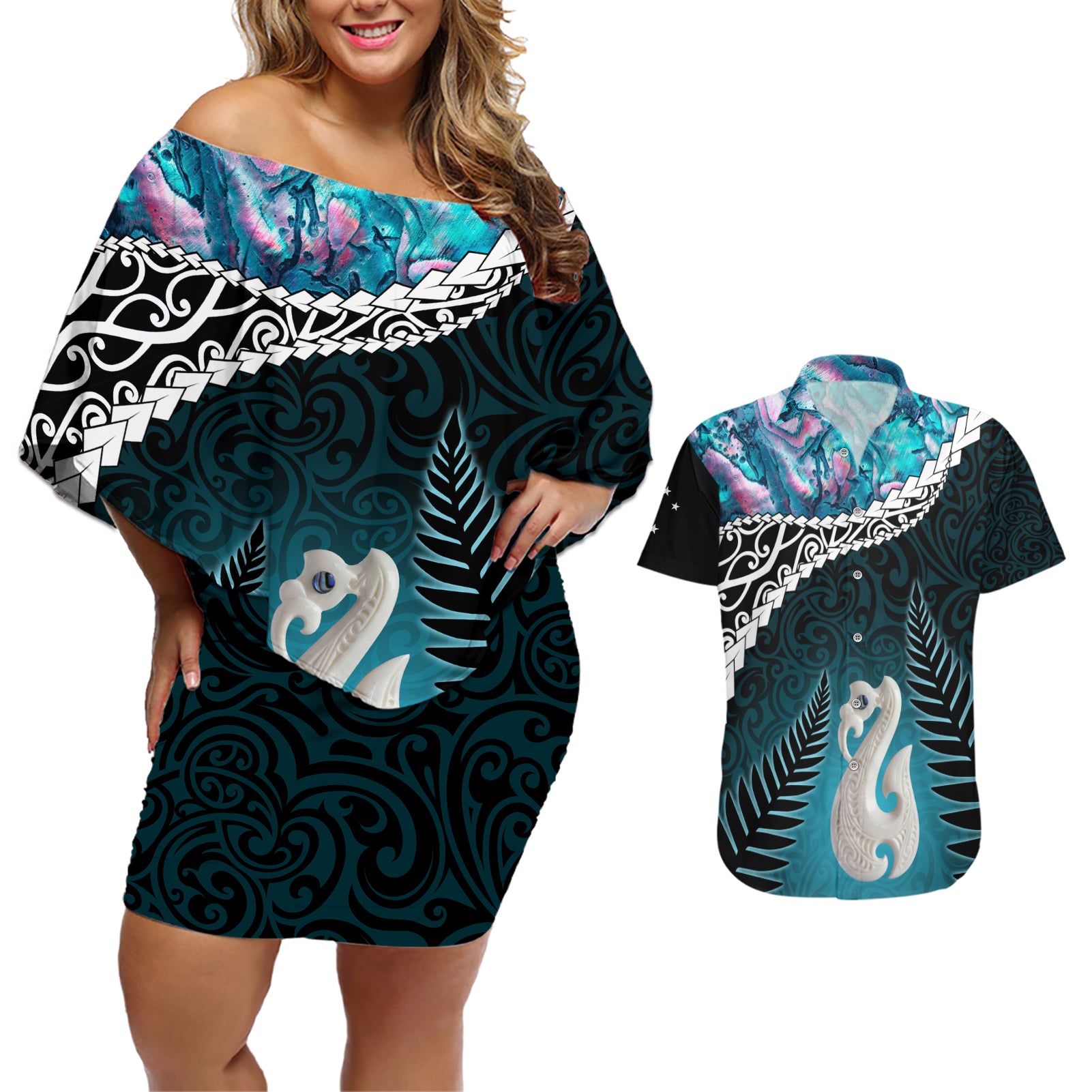 Personalised New Zealand Maori Couples Matching Off Shoulder Short Dress and Hawaiian Shirt Manaia Paua Shell Turquoise LT7 Turquoise - Polynesian Pride