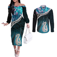 Personalised New Zealand Maori Couples Matching Off The Shoulder Long Sleeve Dress and Long Sleeve Button Shirt Manaia Paua Shell Turquoise LT7 Turquoise - Polynesian Pride