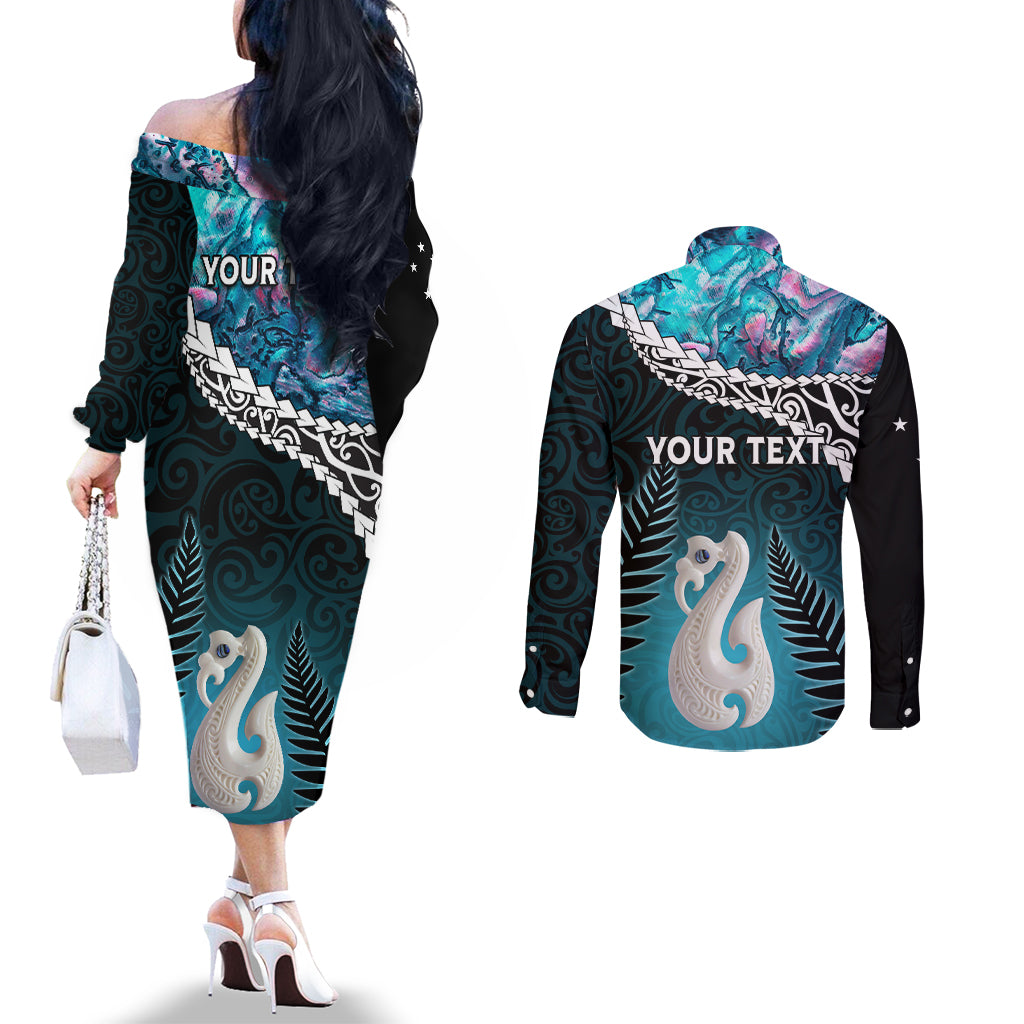 Personalised New Zealand Maori Couples Matching Off The Shoulder Long Sleeve Dress and Long Sleeve Button Shirt Manaia Paua Shell Turquoise LT7 - Polynesian Pride