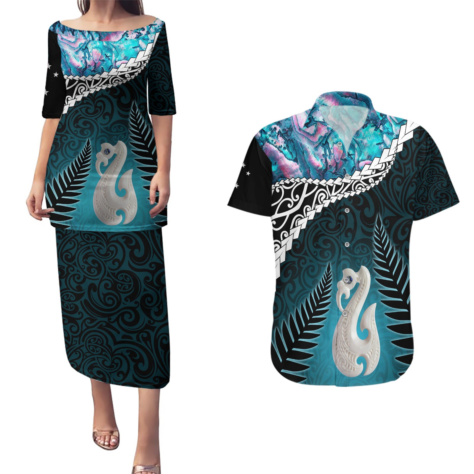 Personalised New Zealand Maori Couples Matching Puletasi and Hawaiian Shirt Manaia Paua Shell Turquoise LT7 Turquoise - Polynesian Pride
