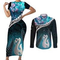 Personalised New Zealand Maori Couples Matching Short Sleeve Bodycon Dress and Long Sleeve Button Shirt Manaia Paua Shell Turquoise LT7 Turquoise - Polynesian Pride