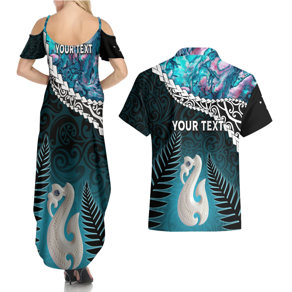 Personalised New Zealand Maori Couples Matching Summer Maxi Dress and Hawaiian Shirt Manaia Paua Shell Turquoise LT7 - Polynesian Pride