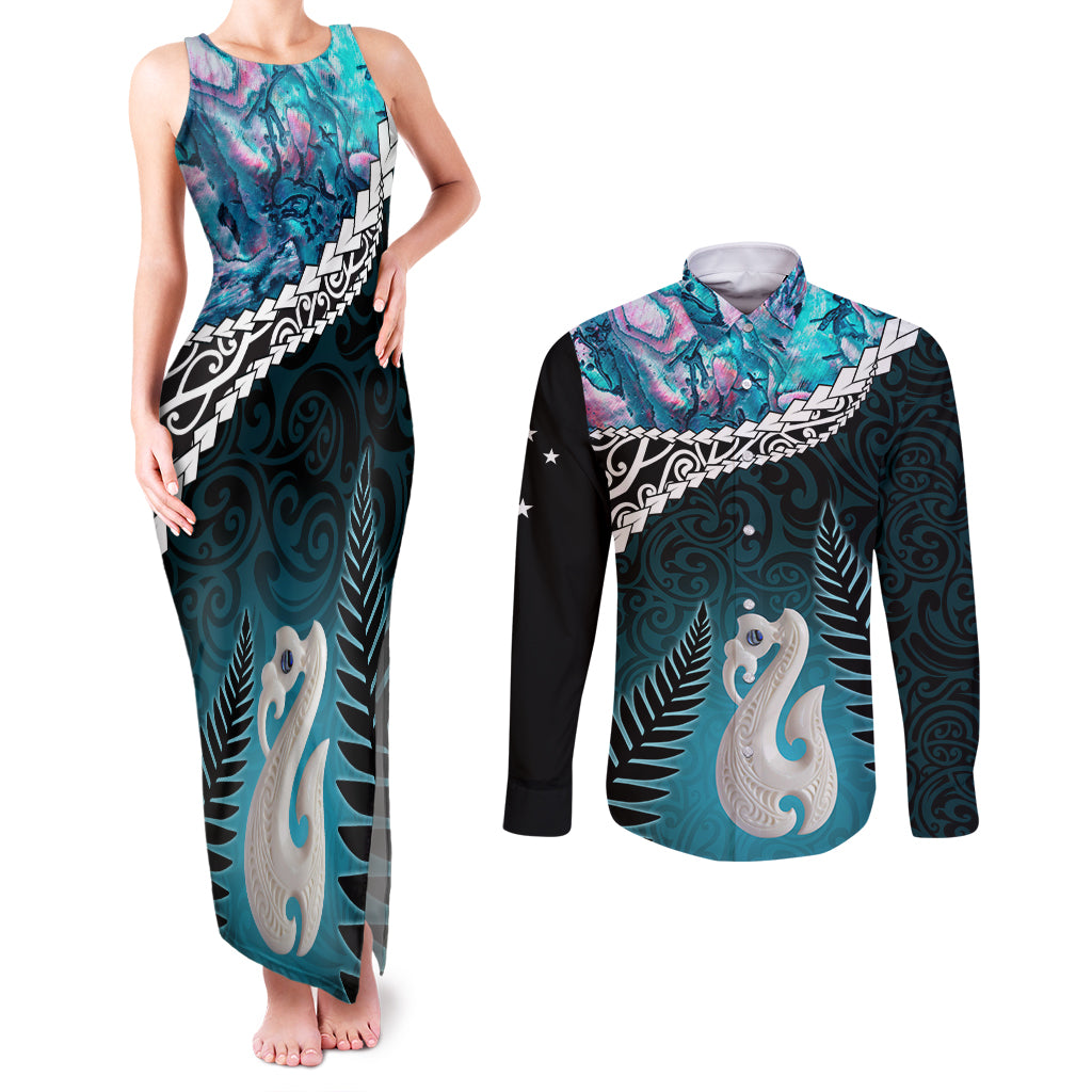 Personalised New Zealand Maori Couples Matching Tank Maxi Dress and Long Sleeve Button Shirt Manaia Paua Shell Turquoise LT7 Turquoise - Polynesian Pride