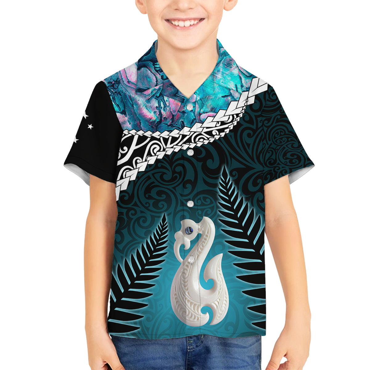 Personalised New Zealand Maori Family Matching Long Sleeve Bodycon Dress and Hawaiian Shirt Manaia Paua Shell Turquoise LT7 Son's Shirt Turquoise - Polynesian Pride