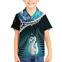 Personalised New Zealand Maori Family Matching Off Shoulder Maxi Dress and Hawaiian Shirt Manaia Paua Shell Turquoise LT7 Son's Shirt Turquoise - Polynesian Pride