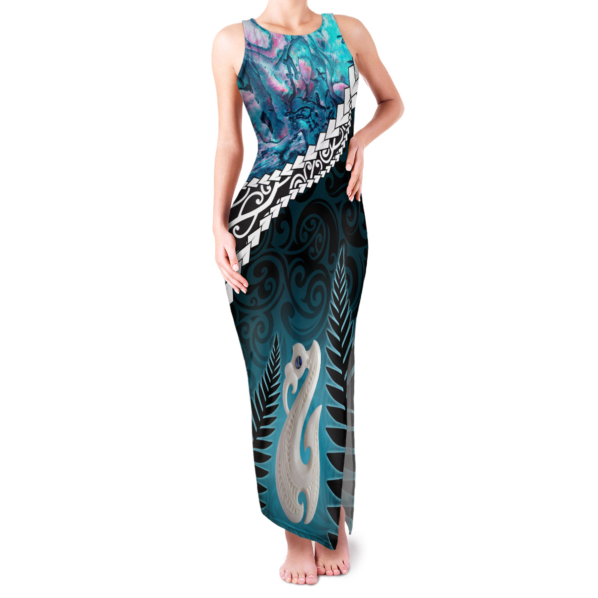 Personalised New Zealand Maori Family Matching Tank Maxi Dress and Hawaiian Shirt Manaia Paua Shell Turquoise LT7 Mom's Dress Turquoise - Polynesian Pride