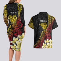 Personalized Papua New Guinea Couples Matching Long Sleeve Bodycon Dress and Hawaiian Shirt Kundu Drum Carving Motifs