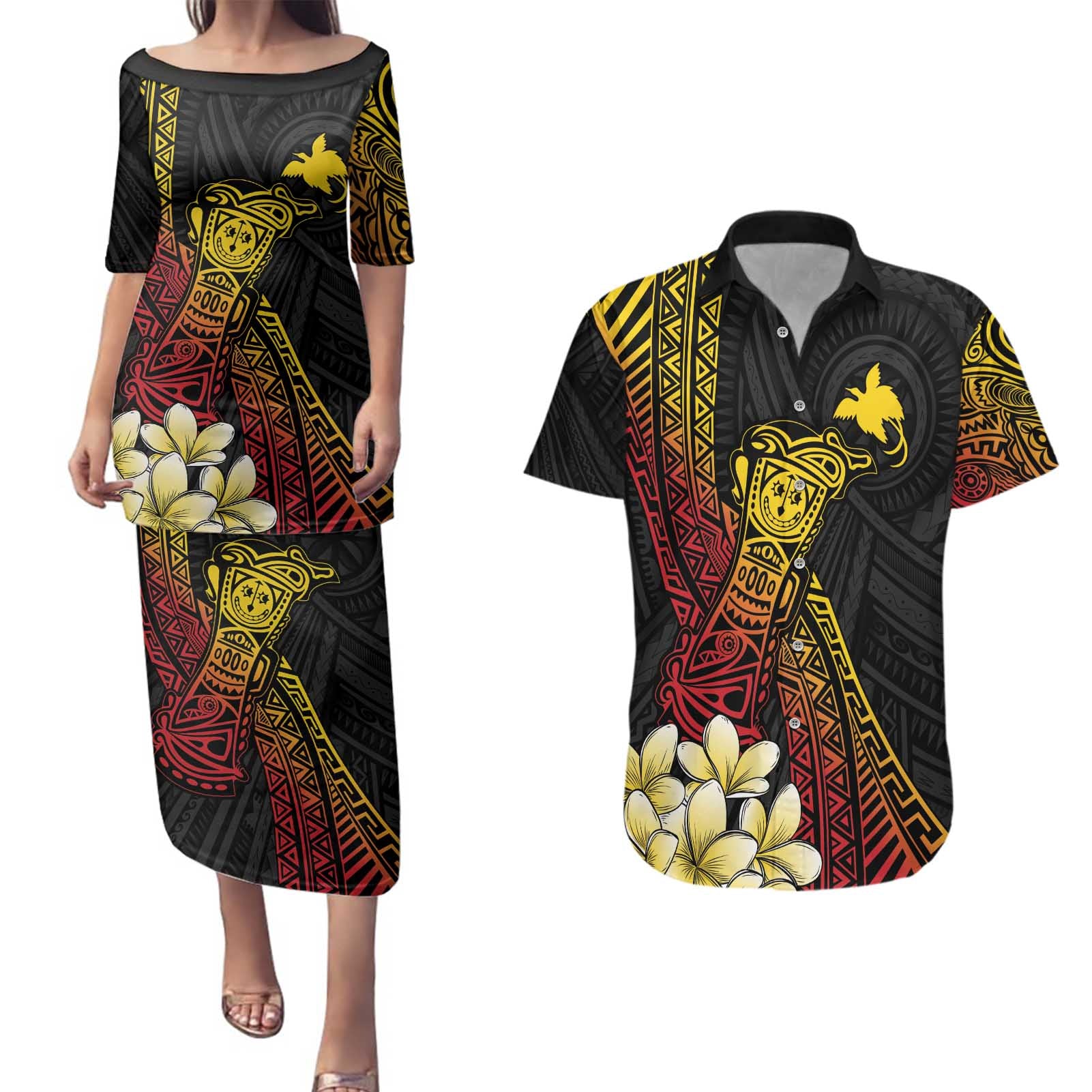 Personalized Papua New Guinea Couples Matching Puletasi and Hawaiian Shirt Kundu Drum Carving Motifs