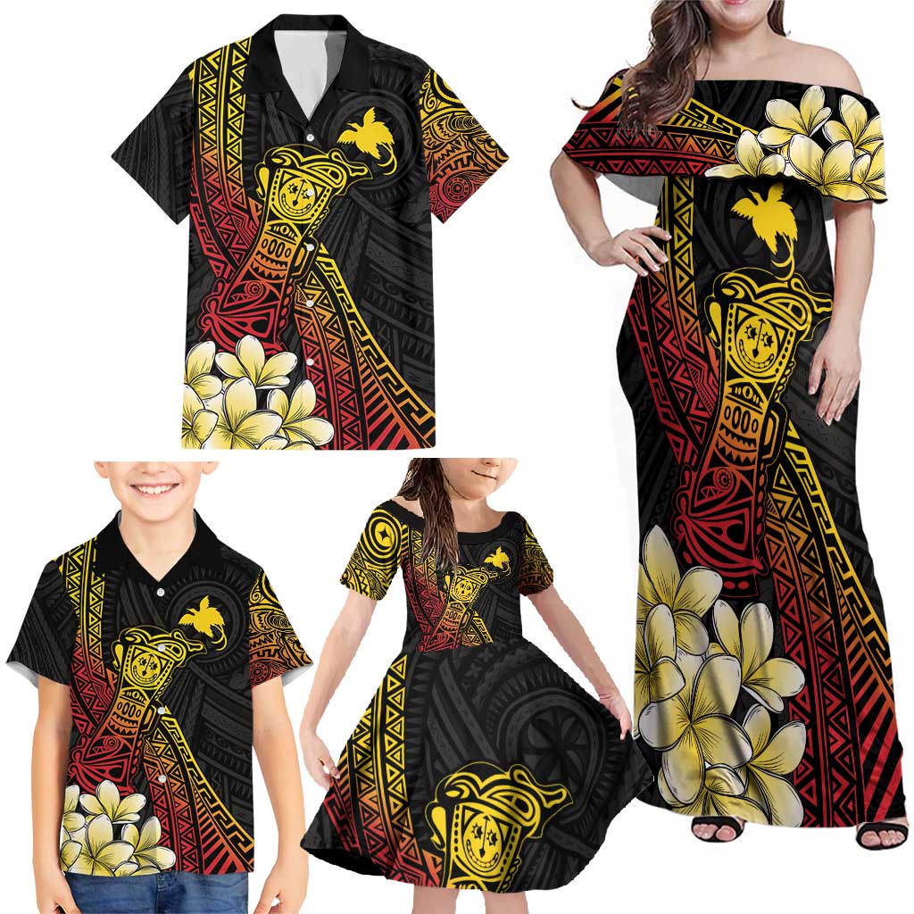 Personalized Papua New Guinea Family Matching Off Shoulder Maxi Dress and Hawaiian Shirt Kundu Drum Carving Motifs