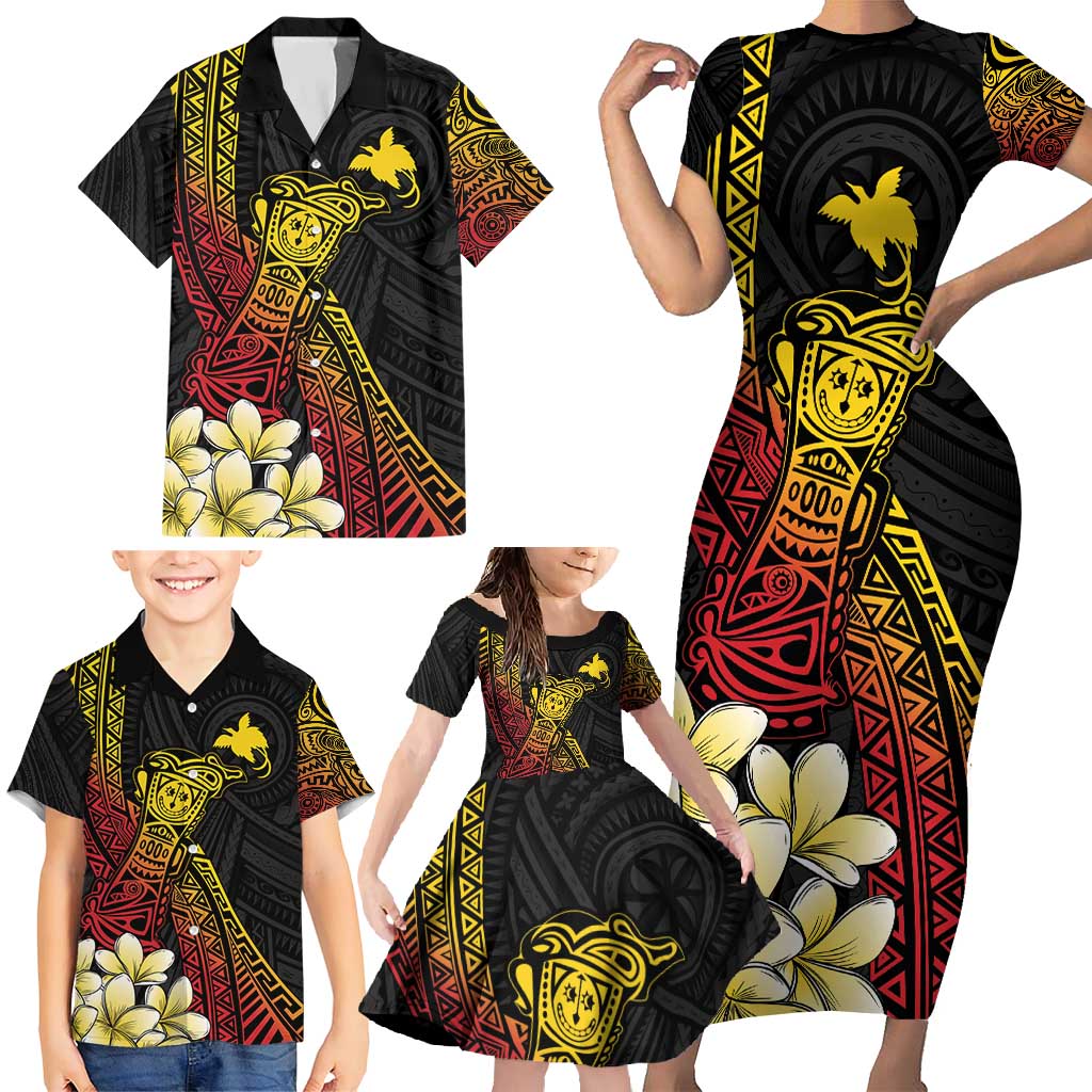 Personalized Papua New Guinea Family Matching Short Sleeve Bodycon Dress and Hawaiian Shirt Kundu Drum Carving Motifs