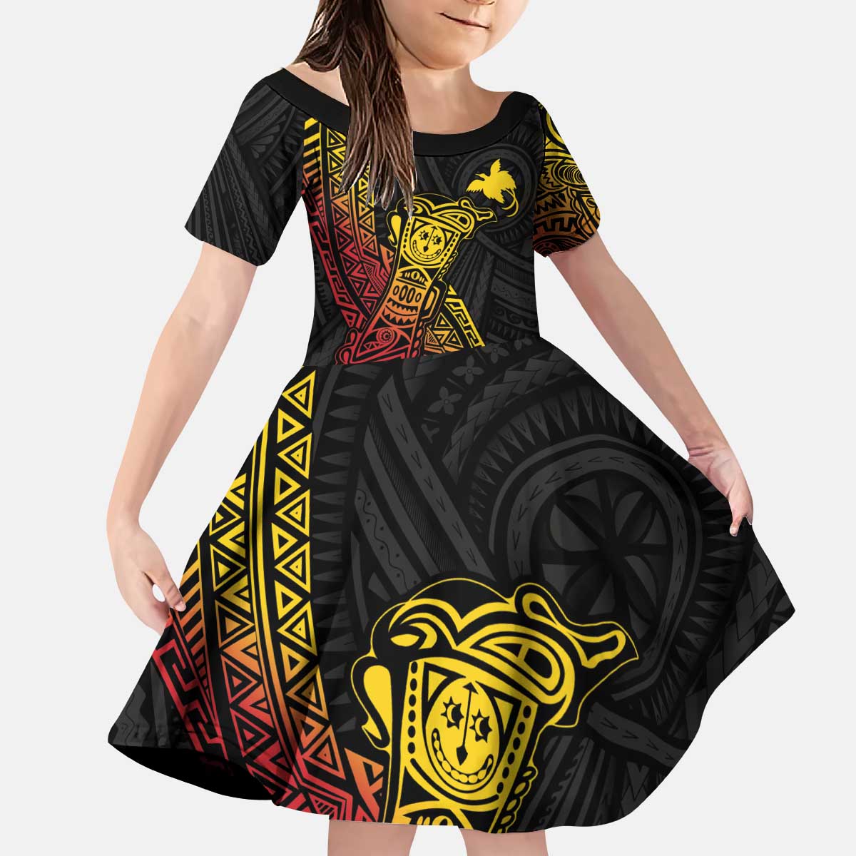 Personalized Papua New Guinea Kid Short Sleeve Dress Kundu Drum Carving Motifs LT7 KID Black - Polynesian Pride