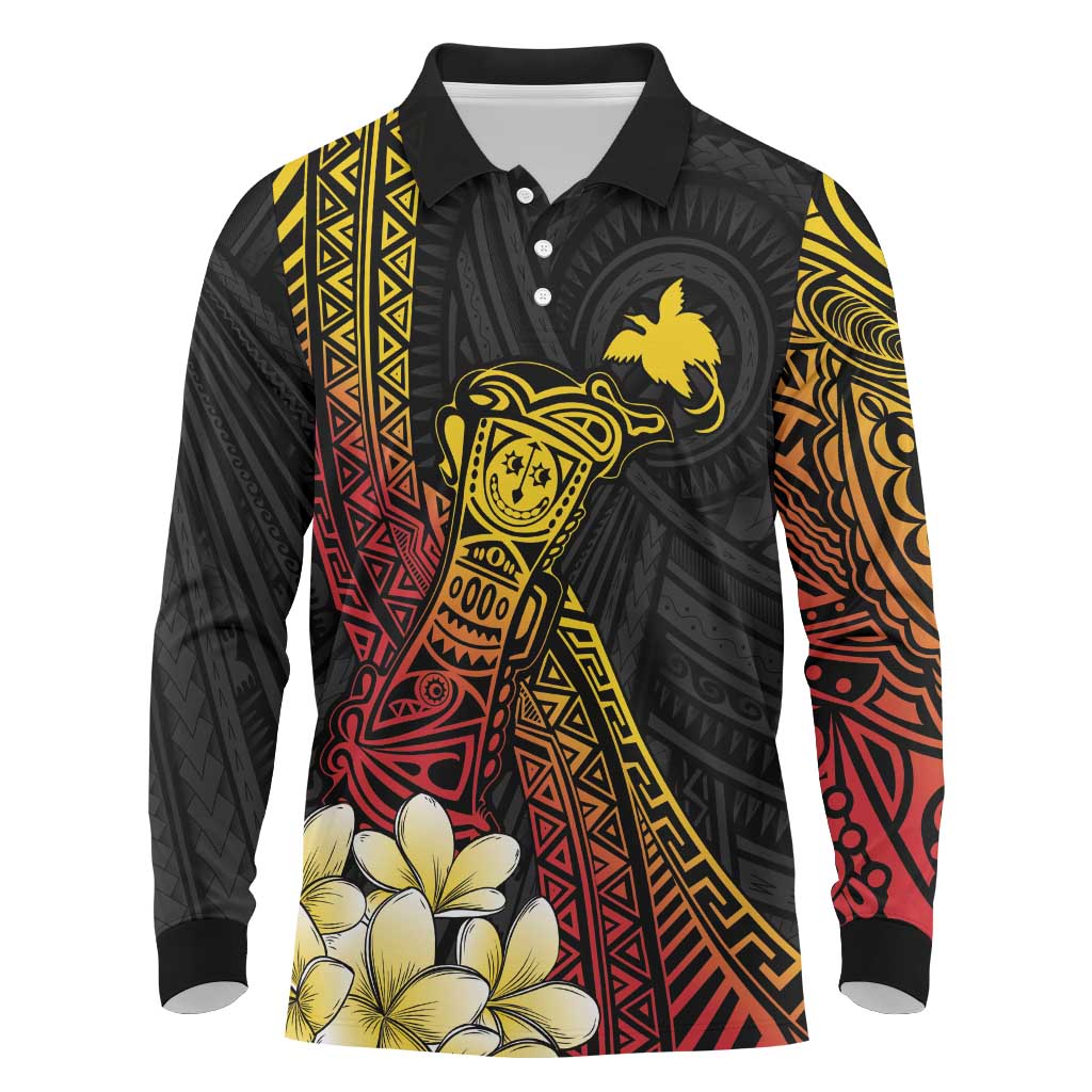 Personalized Papua New Guinea Long Sleeve Polo Shirt Kundu Drum Carving Motifs LT7 Black - Polynesian Pride