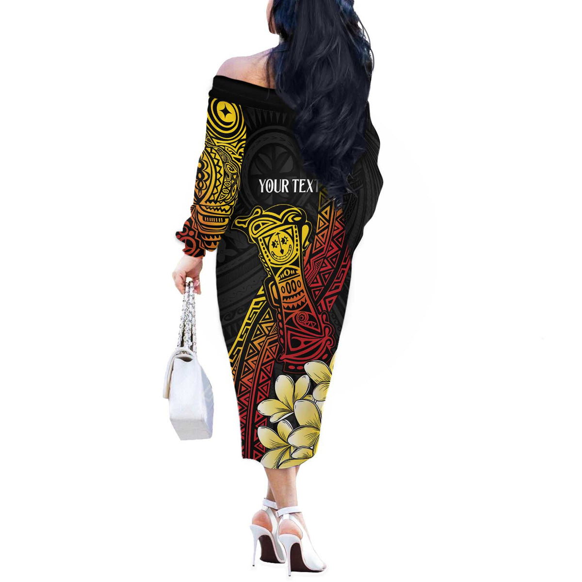 Personalized Papua New Guinea Off The Shoulder Long Sleeve Dress Kundu Drum Carving Motifs LT7 - Polynesian Pride