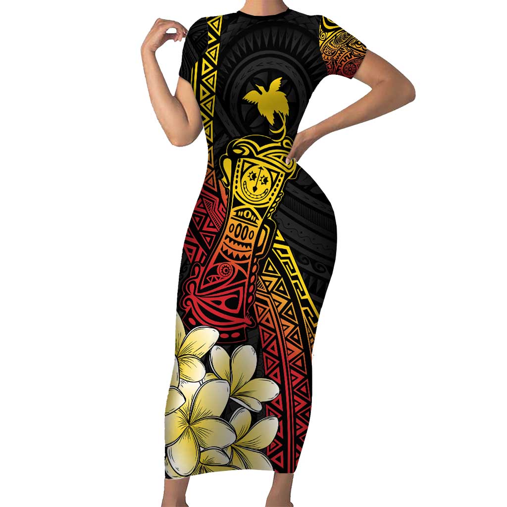 Personalized Papua New Guinea Short Sleeve Bodycon Dress Kundu Drum Carving Motifs LT7 Long Dress Black - Polynesian Pride