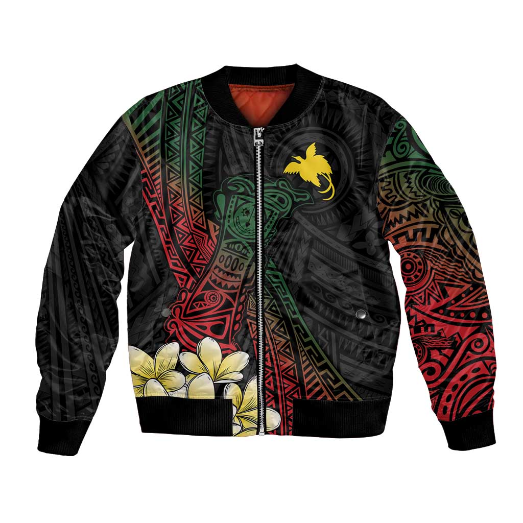 Personalized Papua New Guinea Bomber Jacket Kundu Drum Motifs - Sepik Colors LT7 Unisex Black - Polynesian Pride