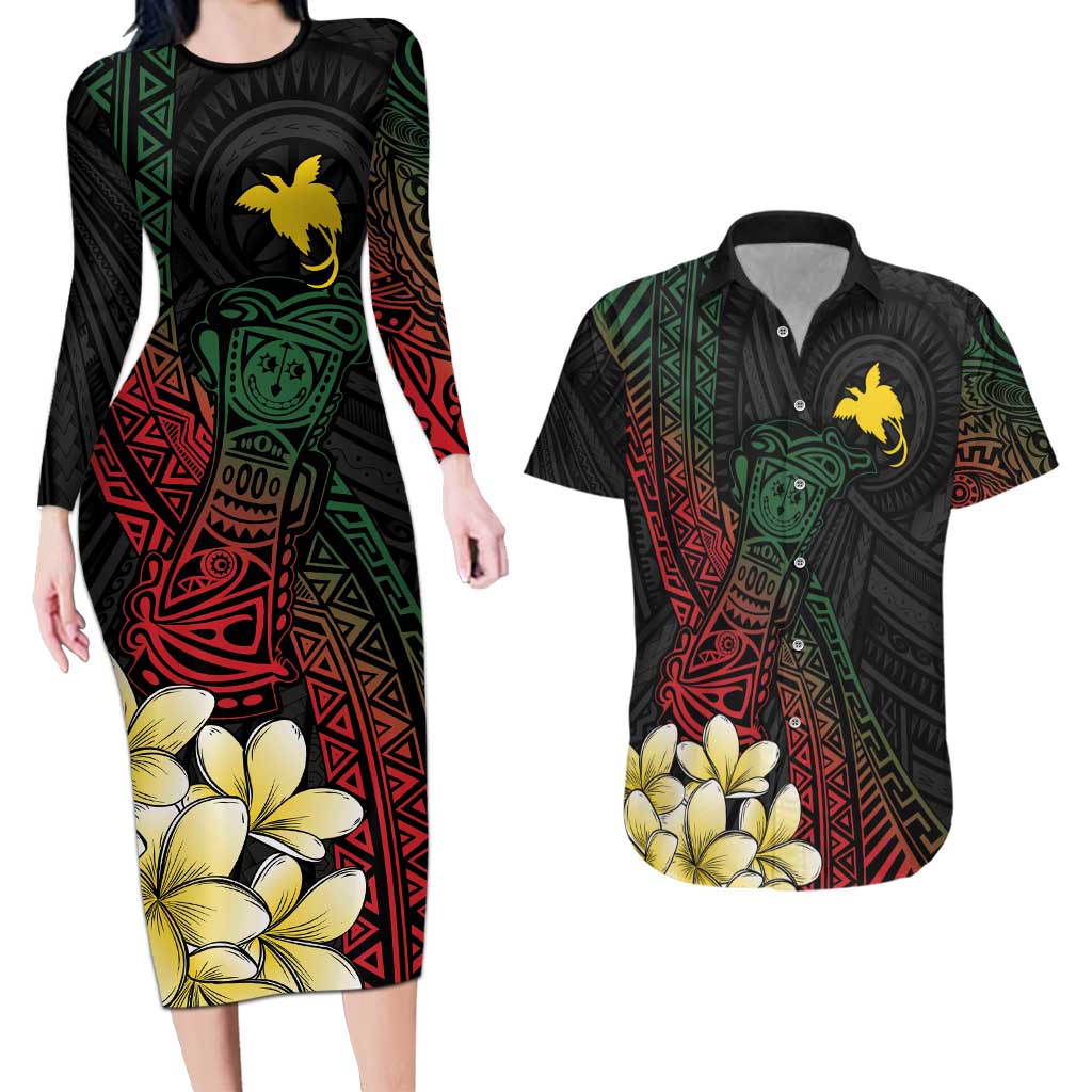 Personalized Papua New Guinea Couples Matching Long Sleeve Bodycon Dress and Hawaiian Shirt Kundu Drum Motifs - Sepik Colors