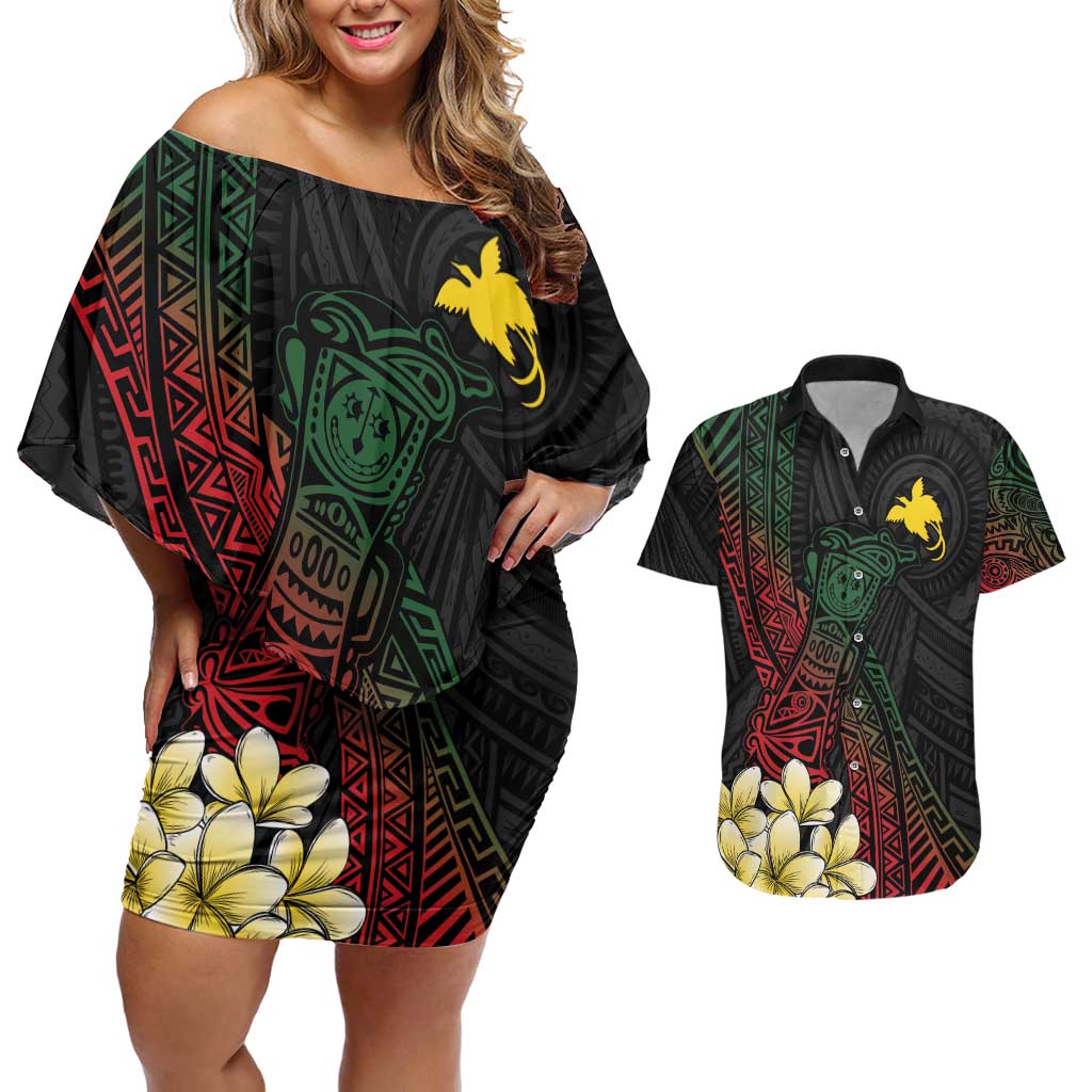 Personalized Papua New Guinea Couples Matching Off Shoulder Short Dress and Hawaiian Shirt Kundu Drum Motifs - Sepik Colors