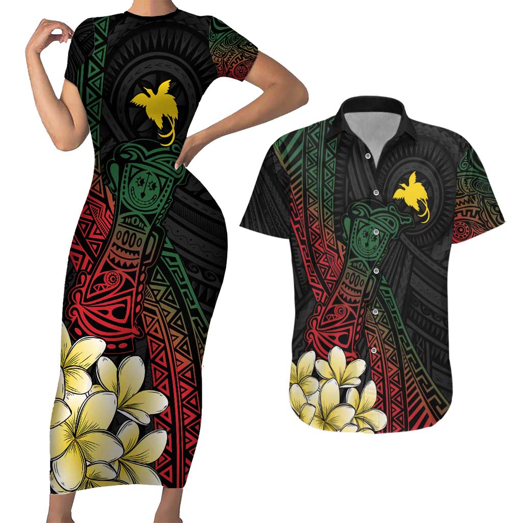 Personalized Papua New Guinea Couples Matching Short Sleeve Bodycon Dress and Hawaiian Shirt Kundu Drum Motifs - Sepik Colors