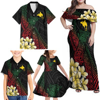 Personalized Papua New Guinea Family Matching Off Shoulder Maxi Dress and Hawaiian Shirt Kundu Drum Motifs - Sepik Colors