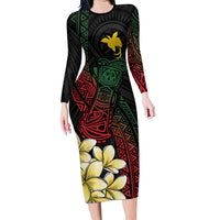 Personalized Papua New Guinea Long Sleeve Bodycon Dress Kundu Drum Motifs - Sepik Colors LT7 Long Dress Black - Polynesian Pride