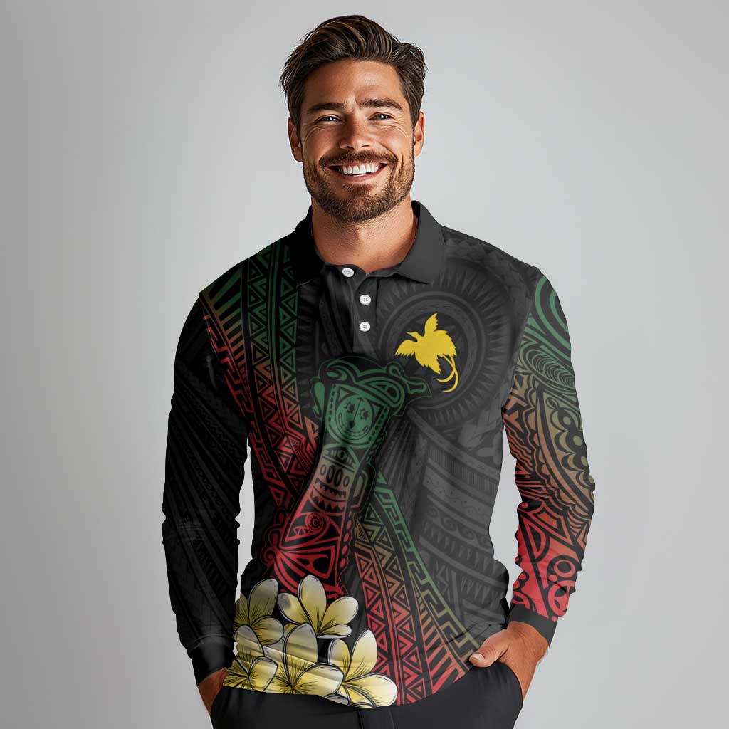 Personalized Papua New Guinea Long Sleeve Polo Shirt Kundu Drum Motifs - Sepik Colors