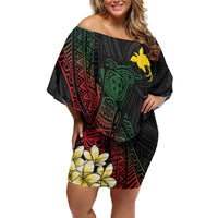 Personalized Papua New Guinea Off Shoulder Short Dress Kundu Drum Motifs - Sepik Colors LT7 Women Black - Polynesian Pride
