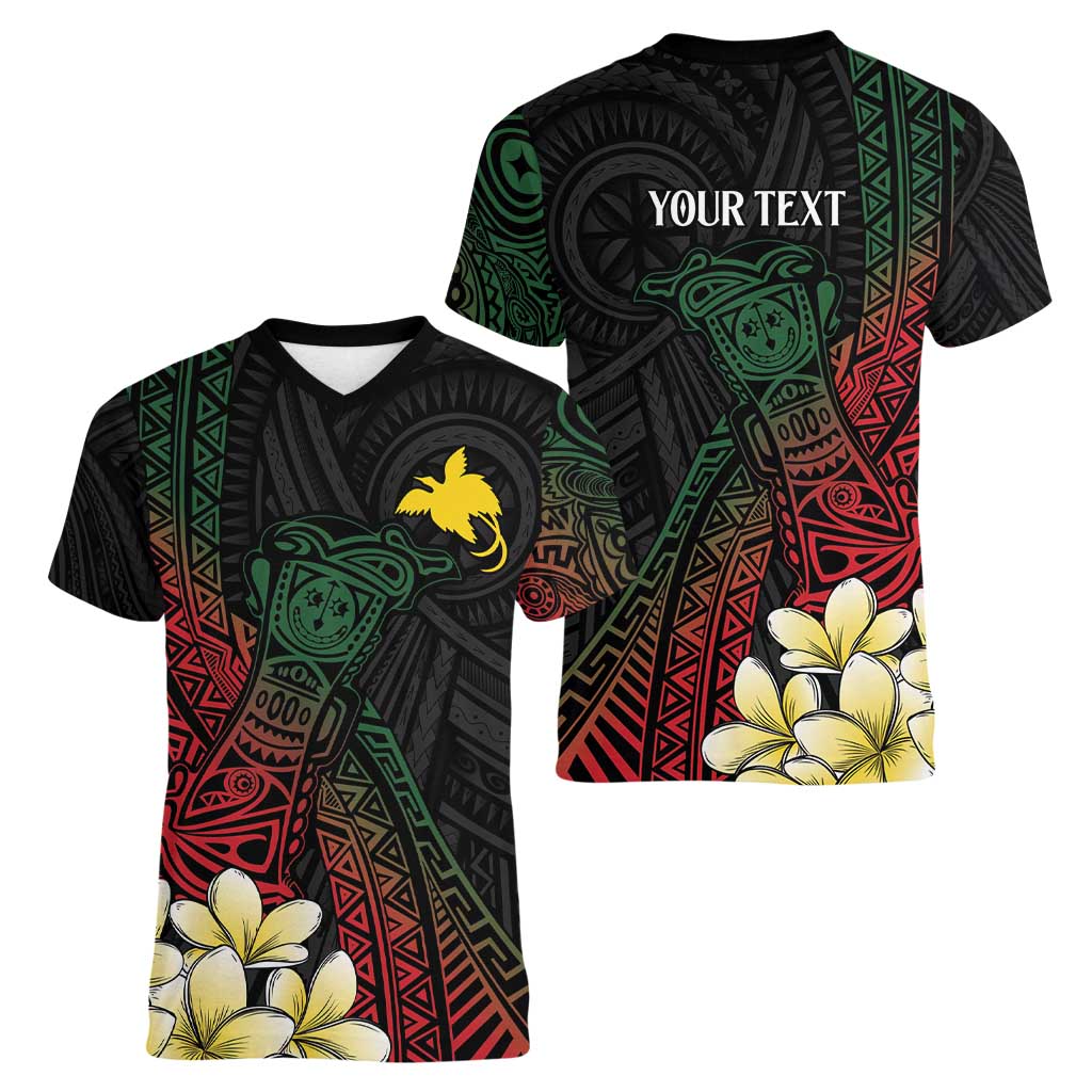 Personalized Papua New Guinea Women V-Neck T-Shirt Kundu Drum Motifs - Sepik Colors