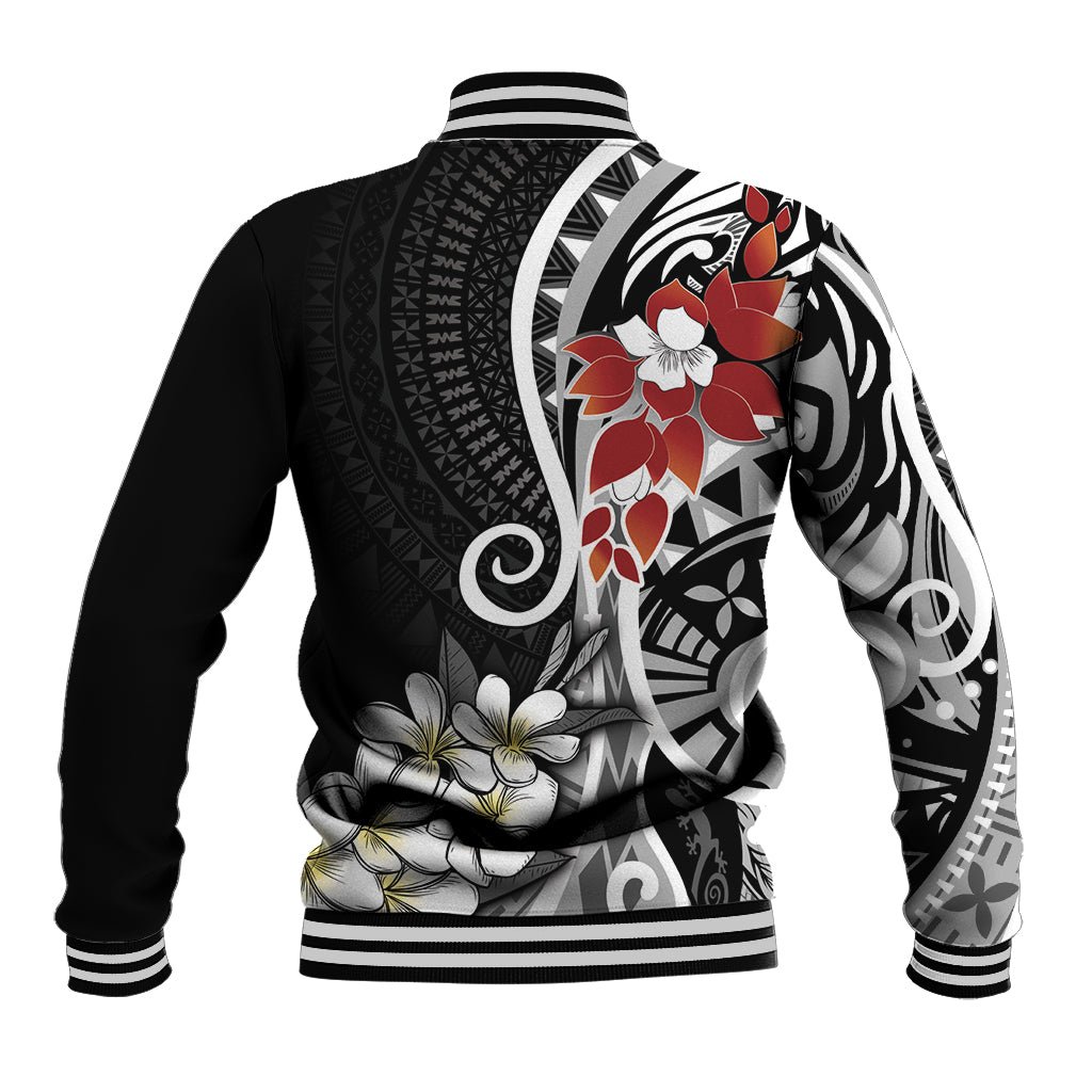 Bula Fiji Tagimaucia Mix Plumeria Masi Tapa Baseball Jacket Black LT7 - Polynesian Pride