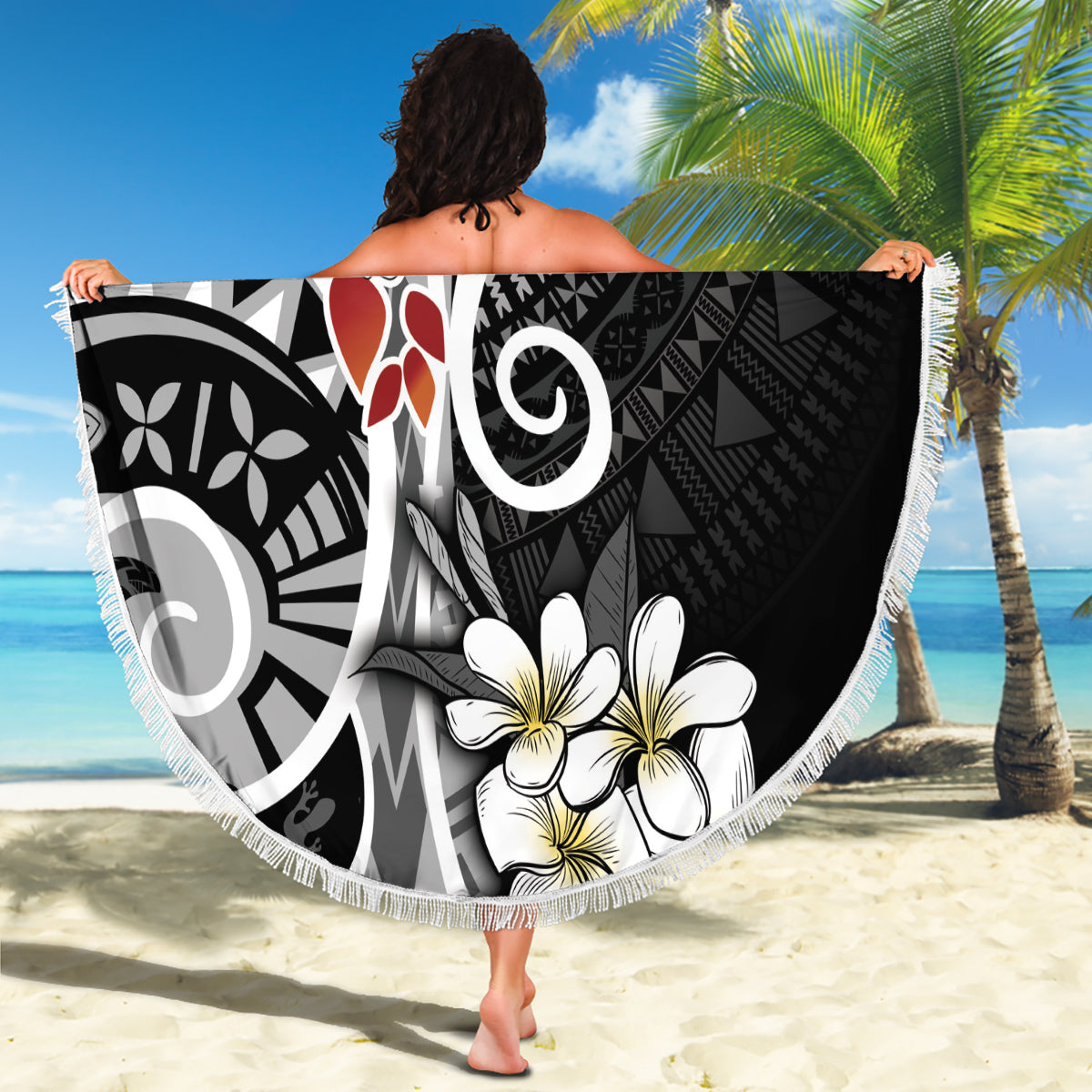 Bula Fiji Tagimaucia Mix Plumeria Masi Tapa Beach Blanket Black
