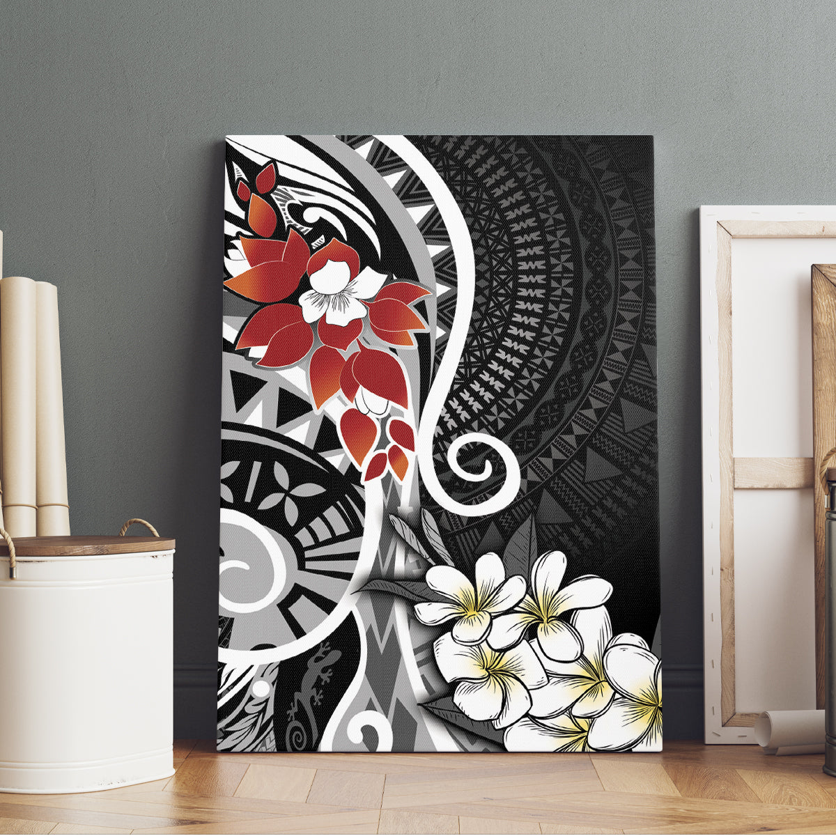 Bula Fiji Tagimaucia Mix Plumeria Masi Tapa Canvas Wall Art Black