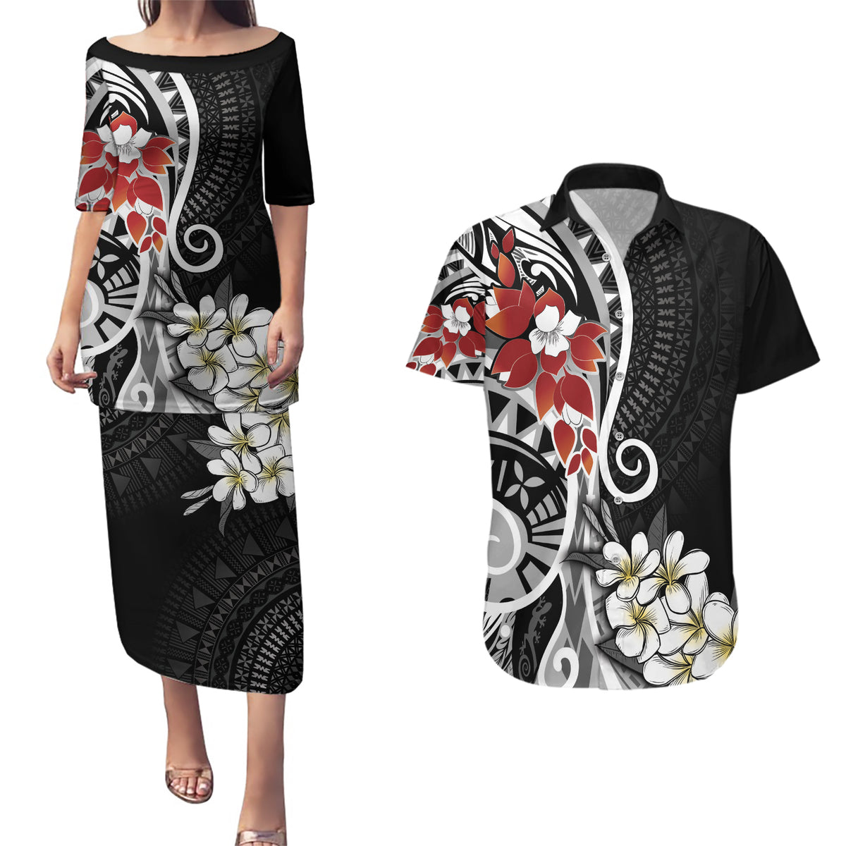 Bula Fiji Tagimaucia Mix Plumeria Masi Tapa Couples Matching Puletasi and Hawaiian Shirt Black LT7 Black - Polynesian Pride