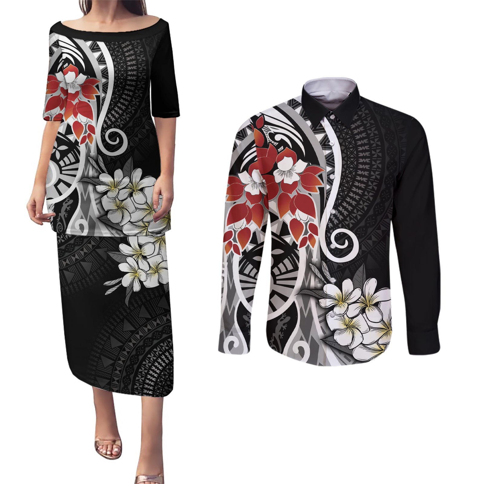 Bula Fiji Tagimaucia Mix Plumeria Masi Tapa Couples Matching Puletasi and Long Sleeve Button Shirt Black LT7 Black - Polynesian Pride