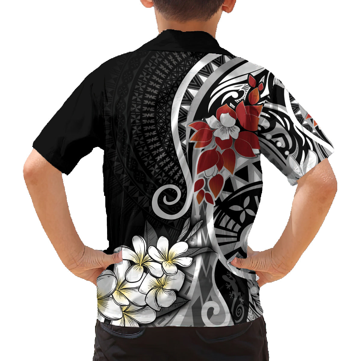 Bula Fiji Tagimaucia Mix Plumeria Masi Tapa Family Matching Long Sleeve Bodycon Dress and Hawaiian Shirt Black LT7 - Polynesian Pride