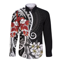 Bula Fiji Tagimaucia Mix Plumeria Masi Tapa Long Sleeve Button Shirt Black LT7 Unisex Black - Polynesian Pride