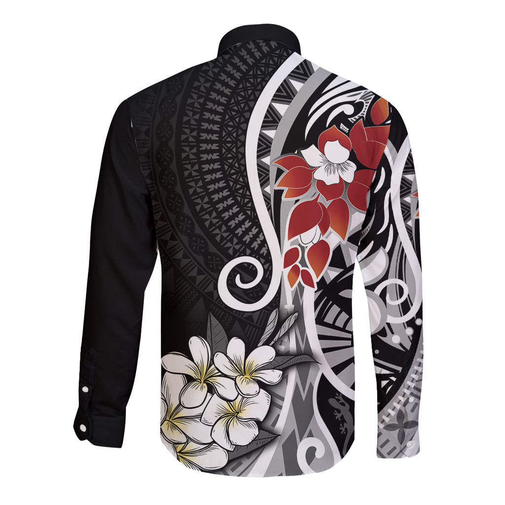 Bula Fiji Tagimaucia Mix Plumeria Masi Tapa Long Sleeve Button Shirt Black LT7 - Polynesian Pride