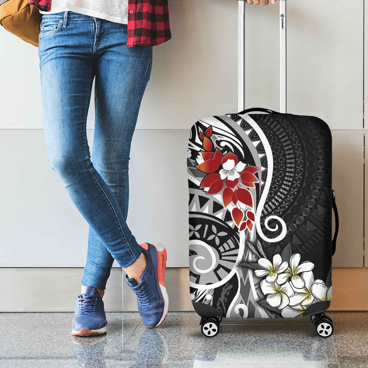 Bula Fiji Tagimaucia Mix Plumeria Masi Tapa Luggage Cover Black