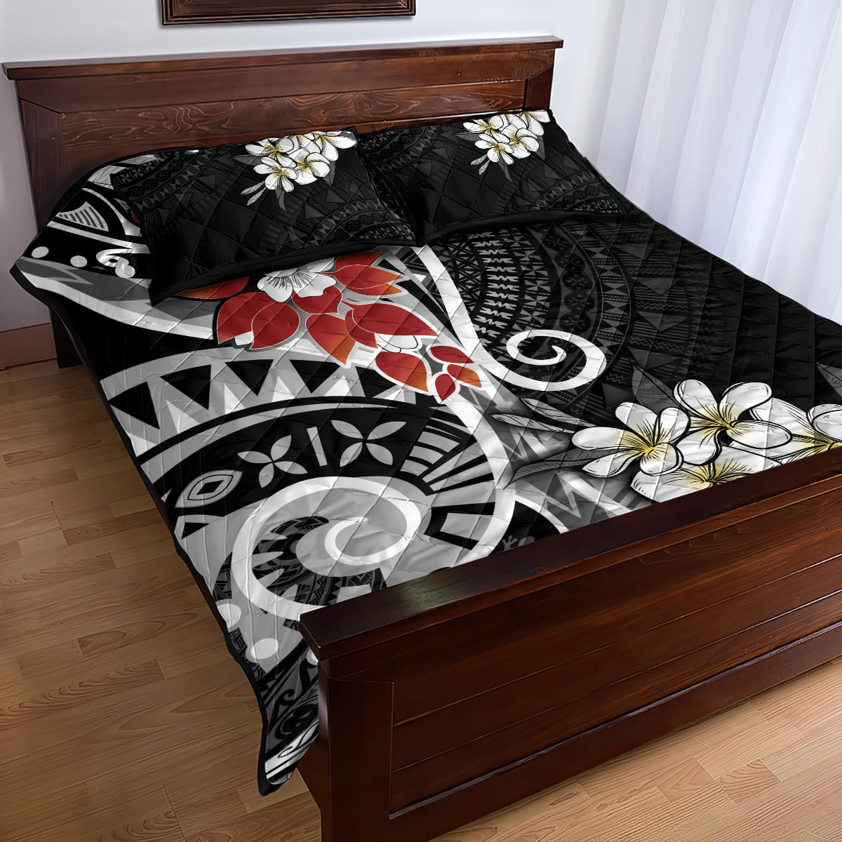 Bula Fiji Tagimaucia Mix Plumeria Masi Tapa Quilt Bed Set Black